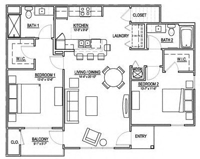 Floor plan for 2 beds, 2 baths, 1253 sqft